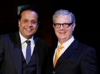 From left, 2015 Entertainment Visionary award winner Kishore Lulla, Group Executive Chairman, Eros International and Thomas E. McLain, Chairman Asia Society Southern California pose during the 2015 Asia Society Southern California Annual Gala on Thursday, June 20, 2015, in Century City, Calif. (Photo by Ryan Miller/Capture Imaging)